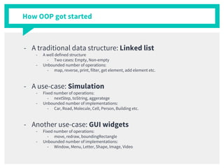 How OOP got started
- A traditional data structure: Linked list
- A well defined structure
- Two cases: Empty, Non-empty
- Unbounded number of operations:
- map, reverse, print, filter, get element, add element etc.
- A use-case: Simulation
- Fixed number of operations:
- nextStep, toString, aggeratege
- Unbounded number of implementations:
- Car, Road, Molecule, Cell, Person, Building etc.
- Another use-case: GUI widgets
- Fixed number of operations:
- move, redraw, boundingRectangle
- Unbounded number of implementations:
- Window, Menu, Letter, Shape, Image, Video
 