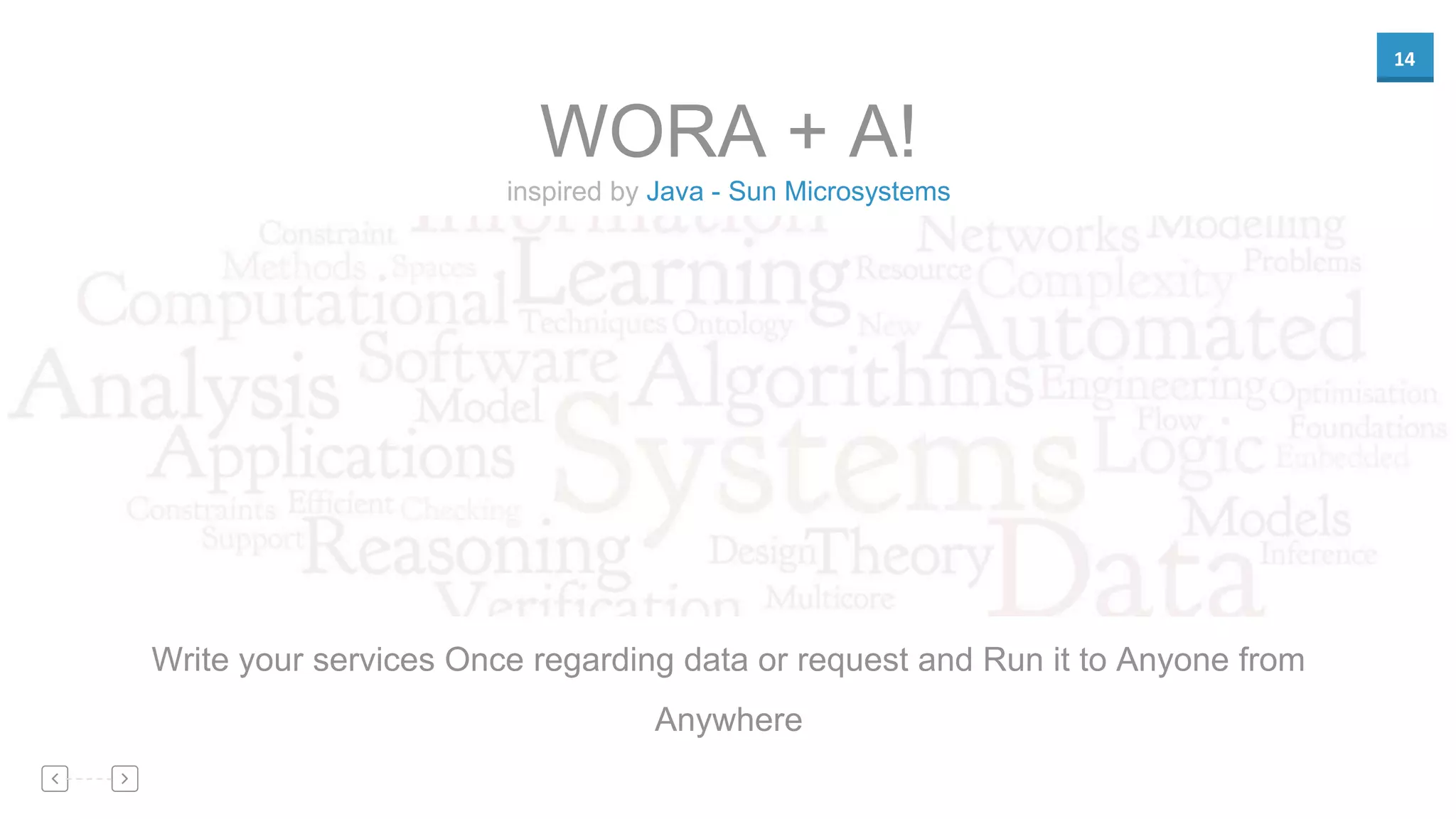 14
inspired by Java - Sun Microsystems
WORA + A!
Write your services Once regarding data or request and Run it to Anyone from
Anywhere
 