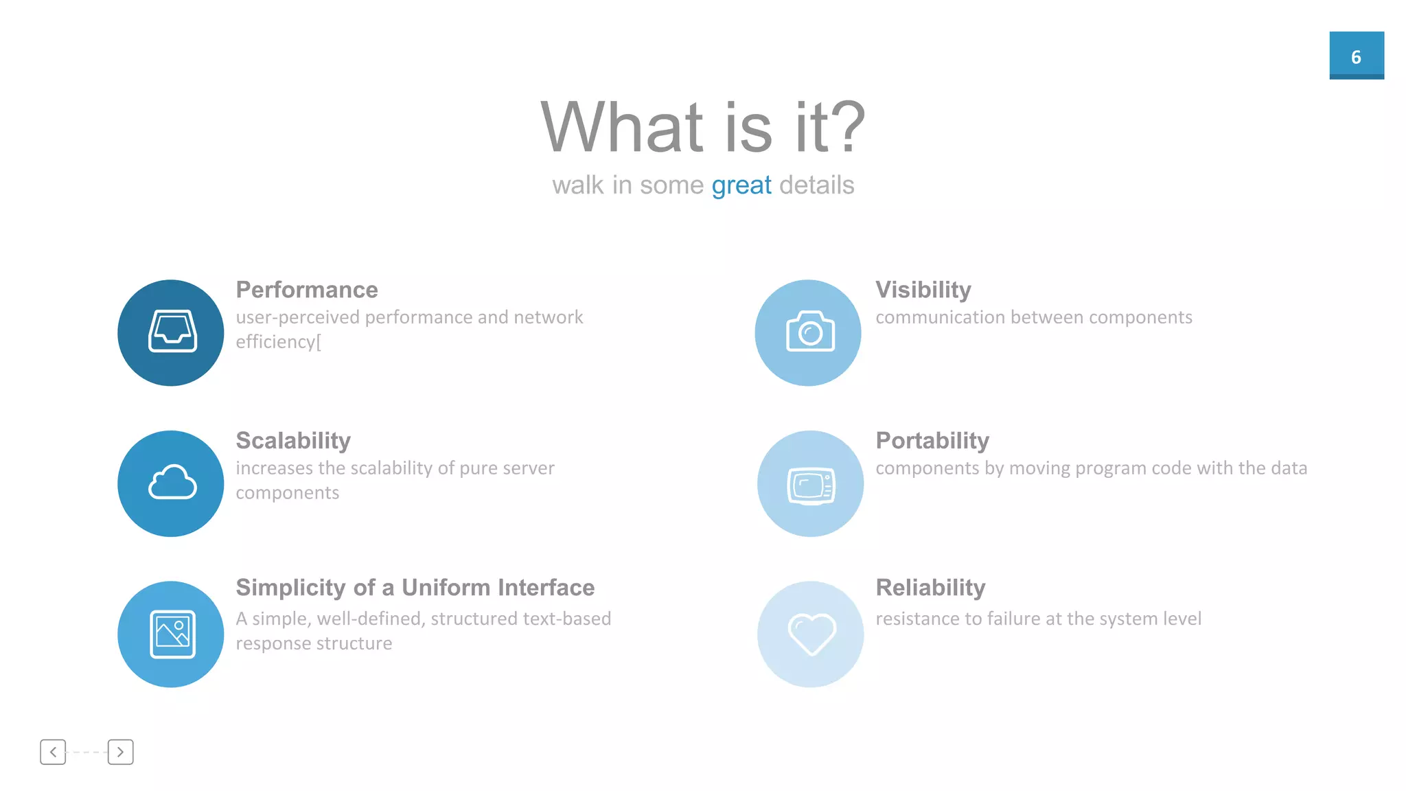 6
walk in some great details
What is it?
Performance
user-perceived performance and network
efficiency[
Scalability
increases the scalability of pure server
components
Simplicity of a Uniform Interface
A simple, well-defined, structured text-based
response structure
Visibility
communication between components
Portability
components by moving program code with the data
Reliability
resistance to failure at the system level
 