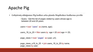 Apache Pig
● Geliştirmiş olduğumuz Pig kodları arka planda MapReduce kodlarına çevrilir
 