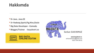 Hakkımda
§ 9+ Java , Java EE
§ 3+ Hadoop,Spark,Pig,Hive,Oozie
§ Big Data Developer - Comodo
§ Blogger/Trainer - buyukveri.co
 