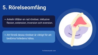 Fotledsskydd.com
5. Rörelseomfång
Ankeln tillåter en rad rörelser, inklusive
flexion, extension, inversion och eversion.
Att förstå dessa rörelser är viktigt för att
bedöma fotledens hälsa.
 