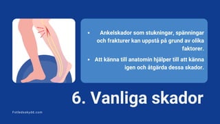 6. Vanliga skador
Fotledsskydd.com
Ankelskador som stukningar, spänningar
och frakturer kan uppstå på grund av olika
faktorer.
Att känna till anatomin hjälper till att känna
igen och åtgärda dessa skador.
 