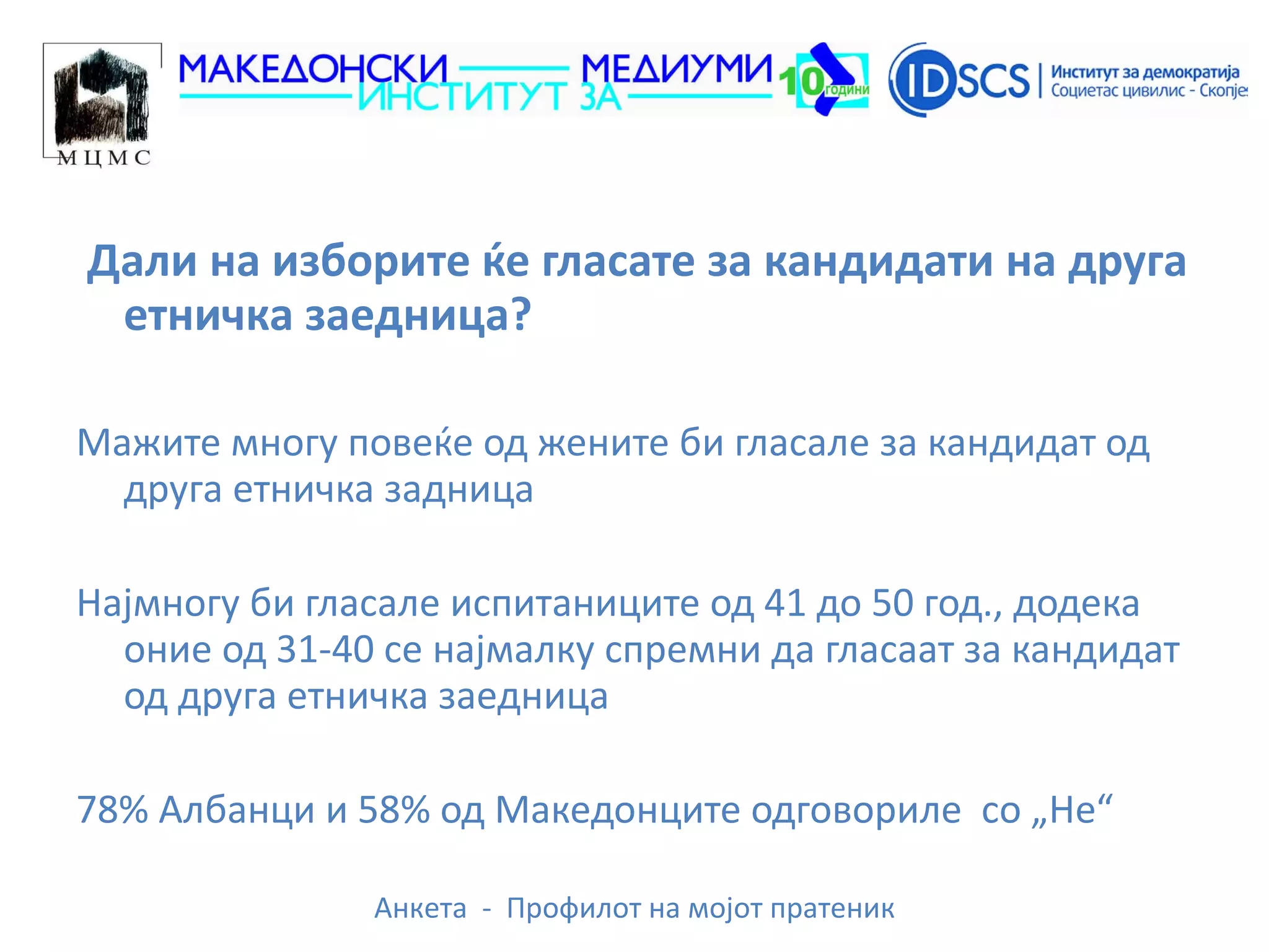 Дали на изборите ќе гласате за кандидати на друга етничка заедница? Мажите многу повеќе од жените би гласале за кандидат од друга етничка задница Најмногу би гласале испитаниците од 41 до 50 год., додека оние од 31-40 се најмалку спремни да гласаат за кандидат од друга етничка заедница 78% Албанци и 58% од Македонците одговориле  со „Не“ 