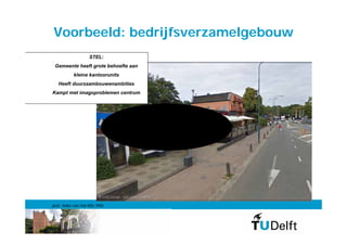 Voorbeeld: bedrijfsverzamelgebouw
                  STEL:
 Gemeente heeft grote behoefte aan
          kleine kantoorunits
   Heeft duurzaambouwenambities
Kampt met imagoproblemen centrum




prof. Anke van Hal MSc PhD
 