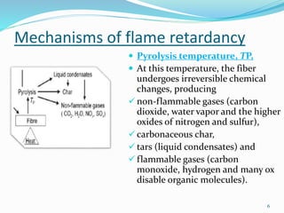 Mechanisms of flame retardancy 
 Pyrolysis temperature, TP, 
 At this temperature, the fiber 
undergoes irreversible chemical 
changes, producing 
 non-flammable gases (carbon 
dioxide, water vapor and the higher 
oxides of nitrogen and sulfur), 
 carbonaceous char, 
 tars (liquid condensates) and 
 flammable gases (carbon 
monoxide, hydrogen and many ox 
disable organic molecules). 
6 
 