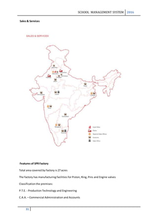 SCHOOL MANAGEMENT SYSTEM 2016
31
Sales & Services
Features of SPR Factory
Total area covered by factory is 27 acres
The factory has manufacturing facilities for Piston, Ring, Pins and Engine valves
Classification the premises:
P.T.E. - Production Technology and Engineering
C.A.A. – Commercial Administration and Accounts
 