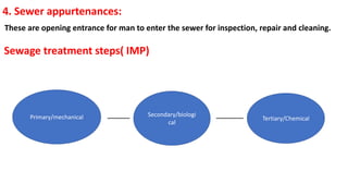 4. Sewer appurtenances:
These are opening entrance for man to enter the sewer for inspection, repair and cleaning.
Sewage treatment steps( IMP)
Primary/mechanical Secondary/biologi
cal
Tertiary/Chemical
 