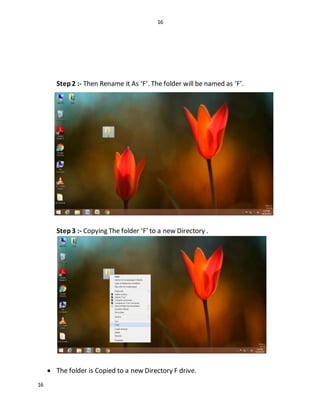 16
16
Step2 :- Then Rename it As ‘F’. The folder will be named as ‘F’.
Step3 :- Copying The folder ‘F’ to a new Directory .
 The folder is Copied to a new Directory F drive.
 