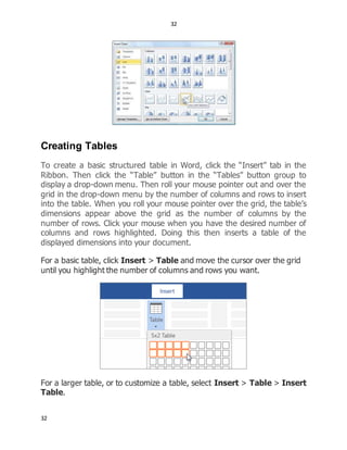 32
32
Creating Tables
To create a basic structured table in Word, click the “Insert” tab in the
Ribbon. Then click the “Table” button in the “Tables” button group to
display a drop-down menu. Then roll your mouse pointer out and over the
grid in the drop-down menu by the number of columns and rows to insert
into the table. When you roll your mouse pointer over the grid, the table’s
dimensions appear above the grid as the number of columns by the
number of rows. Click your mouse when you have the desired number of
columns and rows highlighted. Doing this then inserts a table of the
displayed dimensions into your document.
For a basic table, click Insert > Table and move the cursor over the grid
until you highlight the number of columns and rows you want.
For a larger table, or to customize a table, select Insert > Table > Insert
Table.
 