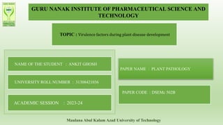 GURU NANAK INSTITUTE OF PHARMACEUTICAL SCIENCE AND
TECHNOLOGY
TOPIC : Virulence factors during plant disease development
NAME OF THE STUDENT : ANKIT GHOSH
UNIVERSITY ROLL NUMBER : 31308421036
ACADEMIC SESSION : 2023-24
PAPER NAME : PLANT PATHOLOGY
PAPER CODE : DSEMc 502B
Maulana Abul Kalam Azad University of Technology
 