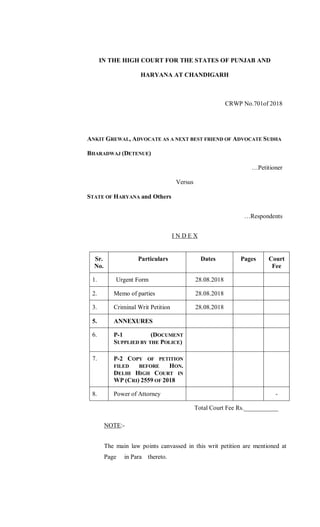 IN THE HIGH COURT FOR THE STATES OF PUNJAB AND
HARYANA AT CHANDIGARH
CRWP No.701of 2018
ANKIT GREWAL, ADVOCATE AS A NEXT BEST FRIEND OF ADVOCATE SUDHA
BHARADWAJ (DETENUE)
…Petitioner
Versus
STATE OF HARYANA and Others
…Respondents
I N D E X
Sr.
No.
Particulars Dates Pages Court
Fee
1. Urgent Form 28.08.2018
2. Memo of parties 28.08.2018
3. Criminal Writ Petition 28.08.2018
5. ANNEXURES
6. P-1 (DOCUMENT
SUPPLIED BY THE POLICE)
7. P-2 COPY OF PETITION
FILED BEFORE HON.
DELHI HIGH COURT IN
WP (CRI) 2559 OF 2018
8. Power of Attorney -
NOTE:-
Total Court Fee Rs.___________
The main law points canvassed in this writ petition are mentioned at
Page in Para thereto.
 