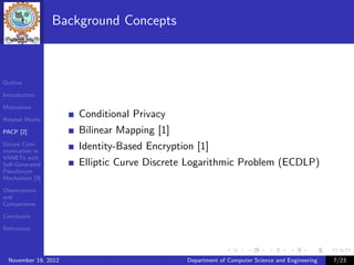 Background Concepts



Outline

Introduction

Motivation

Related Works
                      Conditional Privacy
PACP [2]              Bilinear Mapping [1]
Secure Com-
munication in
                      Identity-Based Encryption [1]
VANETs with
Self-Generated        Elliptic Curve Discrete Logarithmic Problem (ECDLP)
Pseudonym
Mechanism [3]

Observations
and
Comparisons

Conclusion

References




  November 19, 2012                           Department of Computer Science and Engineering   7/23
 