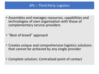 • Assembles and manages resources, capabilities and
technologies of own organization with those of
complementary service providers
• “Best of breed” approach
• Creates unique and comprehensive logistics solutions
that cannot be achieved by any single provider
• Complete solution; Centralized point of contact
4PL – Third Party Logistics
 