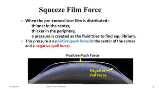  When the pre-corneal tear film is distributed :
thinner in the center,
thicker in the periphery,
a pressure is created as the fluid tries to find equilibrium.
 This pressure is a positive (push force) in the center of the cornea
and a negative (pull force).
Positive Push Force
Negative
Pull Force
14 July 2020 Optom.AnkitVarshney 33
 