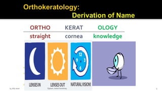 Greek derivation
 Aim is to ‘reshape’ the cornea
 Non-surgical, topographical
approach to effecting a correction
 Sometimes abbreviated to OK
ORTHO KERAT OLOGY
straight cornea knowledge
14 July 2020 Optom.AnkitVarshney 5
 