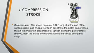 2. COMPRESSION
STROKE
• Compression: This stroke begins at B.D.C, or just at the end of the
suction stroke, and ends at T.D.C. In this stroke the piston compresses
the air-fuel mixture in preparation for ignition during the power stroke
(below). Both the intake and exhaust valves are closed during this
stage.
 