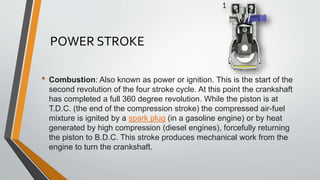 POWER STROKE
• Combustion: Also known as power or ignition. This is the start of the
second revolution of the four stroke cycle. At this point the crankshaft
has completed a full 360 degree revolution. While the piston is at
T.D.C. (the end of the compression stroke) the compressed air-fuel
mixture is ignited by a spark plug (in a gasoline engine) or by heat
generated by high compression (diesel engines), forcefully returning
the piston to B.D.C. This stroke produces mechanical work from the
engine to turn the crankshaft.
 