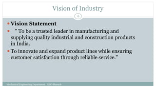 Vision of Industry
Mechanical Engineering Department , GEC-Bharuch
6
⚫Vision Statement
⚫ " To be a trusted leader in manufacturing and
supplying quality industrial and construction products
in India.
⚫To innovate and expand product lines while ensuring
customer satisfaction through reliable service."
 