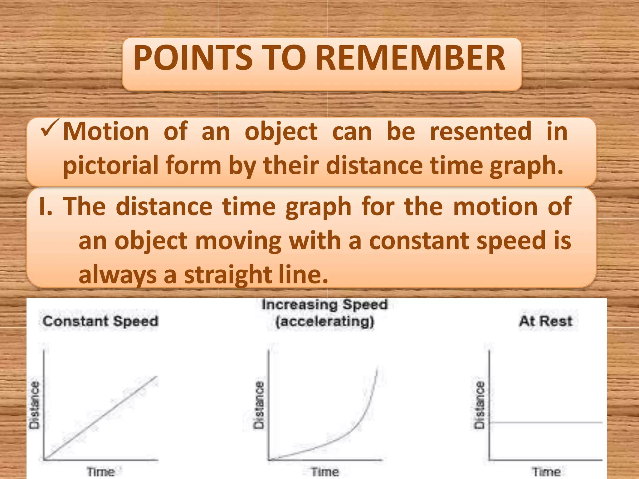 POINTS TO REMEMBER
Motion of an object can be resented in
pictorial form by their distance time graph.
I. The distance time graph for the motion of
an object moving with a constant speed is
always a straight line.
 