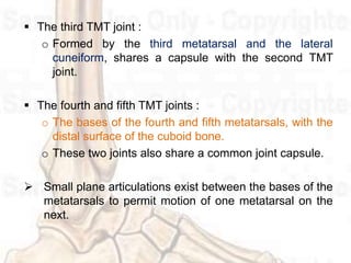  The third TMT joint :
o Formed by the third metatarsal and the lateral
cuneiform, shares a capsule with the second TMT
joint.
 The fourth and fifth TMT joints :
o The bases of the fourth and fifth metatarsals, with the
distal surface of the cuboid bone.
o These two joints also share a common joint capsule.
 Small plane articulations exist between the bases of the
metatarsals to permit motion of one metatarsal on the
next.
 