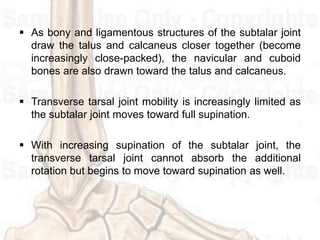  As bony and ligamentous structures of the subtalar joint
draw the talus and calcaneus closer together (become
increasingly close-packed), the navicular and cuboid
bones are also drawn toward the talus and calcaneus.
 Transverse tarsal joint mobility is increasingly limited as
the subtalar joint moves toward full supination.
 With increasing supination of the subtalar joint, the
transverse tarsal joint cannot absorb the additional
rotation but begins to move toward supination as well.
 