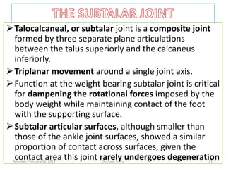 Talocalcaneal, or subtalar joint is a composite joint
formed by three separate plane articulations
between the talus superiorly and the calcaneus
inferiorly.
Triplanar movement around a single joint axis.
Function at the weight bearing subtalar joint is critical
for dampening the rotational forces imposed by the
body weight while maintaining contact of the foot
with the supporting surface.
Subtalar articular surfaces, although smaller than
those of the ankle joint surfaces, showed a similar
proportion of contact across surfaces, given the
contact area this joint rarely undergoes degeneration
Monday, February 13, 2023 Dechasa Imiru 21
 