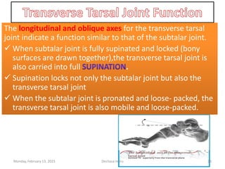 The longitudinal and oblique axes for the transverse tarsal
joint indicate a function similar to that of the subtalar joint.
 When subtalar joint is fully supinated and locked (bony
surfaces are drawn together),the transverse tarsal joint is
also carried into full .
 Supination locks not only the subtalar joint but also the
transverse tarsal joint
 When the subtalar joint is pronated and loose- packed, the
transverse tarsal joint is also mobile and loose-packed.
The longitudinal and oblique axes for the transverse tarsal
joint indicate a function similar to that of the subtalar joint.
 When subtalar joint is fully supinated and locked (bony
surfaces are drawn together),the transverse tarsal joint is
also carried into full .
 Supination locks not only the subtalar joint but also the
transverse tarsal joint
 When the subtalar joint is pronated and loose- packed, the
transverse tarsal joint is also mobile and loose-packed.
Monday, February 13, 2023 Dechasa Imiru 28
 