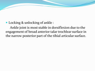  Locking & unlocking of ankle :
Ankle joint is most stable in dorsiflexion due to the
engagement of broad anterior talar trochlear surface in
the narrow posterior part of the tibial articular surface.
 