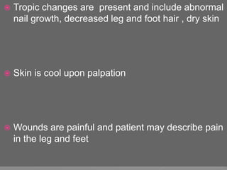  Tropic changes are present and include abnormal
nail growth, decreased leg and foot hair , dry skin
 Skin is cool upon palpation
 Wounds are painful and patient may describe pain
in the leg and feet
 