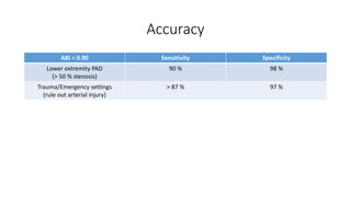 Accuracy
ABI < 0.90 Sensitivity Specificity
Lower extremity PAD
(> 50 % stenosis)
90 % 98 %
Trauma/Emergency settings
(rule out arterial injury)
> 87 % 97 %
 