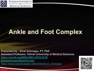 Ankle and Foot Complex
Presented by : Zinat Ashnagar, PT, PhD
Assistant Professor, Tehran University of Medical Sciences
https://orcid.org/0000-0001-5515-2130
Zinatashnagar@gmail.com
https://www.researchgate.net/profile/Zinat_Ashnagar
 