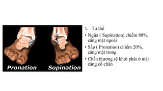 1. Tư thế
• Ngữa ( Supination) chiếm 80%,
căng mặt ngoài
• Sấp ( Pronation) chiếm 20%,
căng mặt trong
• Chấn thương sẽ khởi phát ở mặt
căng cổ chân
 