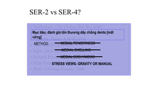 SER-2 vs SER-4?
• Michelson. Clin Orthop Rel Res 2001
• DeAngelis Poster OTA 2003
• Tornetta. Poster AAOS 2004
• McConnell JBJS 2004
• Egol JBJS 2004
• Schock Presentation OTA 2006
• Zeni Presentation OTA 2006
• Park J Orthop Trauma 2006
Mục tiêu: đánh giá tổn thương dây chằng denta [mất
vững]
METHOD: MEDIAL TENDERNESS
MEDIAL SWELLING
MEDIAL ECCHYMOSIS
STRESS VIEWS- GRAVITY OR MANUAL
 