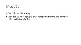 Mục tiêu
• Đảm bảo sự liền xương
• Đảm bảo sự hoạt động và chức năng bình thường cho khớp cổ
chân mà không gây đau
 