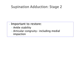 • Important to restore:
– Ankle stability
– Articular congruity- including medial
impaction
 