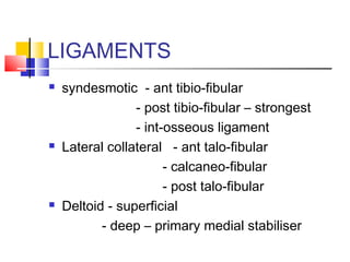 LIGAMENTS
   syndesmotic - ant tibio-fibular
                 - post tibio-fibular – strongest
                 - int-osseous ligament
   Lateral collateral - ant talo-fibular
                       - calcaneo-fibular
                       - post talo-fibular
   Deltoid - superficial
           - deep – primary medial stabiliser
 