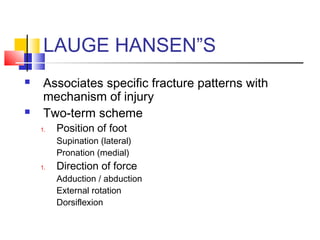 LAUGE HANSEN”S
    Associates specific fracture patterns with
     mechanism of injury
    Two-term scheme
    1.   Position of foot
         Supination (lateral)
         Pronation (medial)
    1.   Direction of force
         Adduction / abduction
         External rotation
         Dorsiflexion
 
