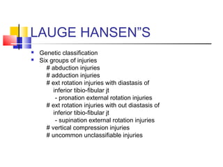 LAUGE HANSEN”S
   Genetic classification
   Six groups of injuries
      # abduction injuries
      # adduction injuries
      # ext rotation injuries with diastasis of
         inferior tibio-fibular jt
          - pronation external rotation injuries
      # ext rotation injuries with out diastasis of
         inferior tibio-fibular jt
          - supination external rotation injuries
      # vertical compression injuries
      # uncommon unclassifiable injuries
 