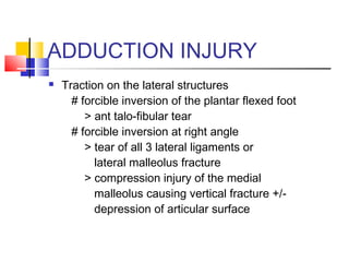 ADDUCTION INJURY
   Traction on the lateral structures
      # forcible inversion of the plantar flexed foot
         > ant talo-fibular tear
      # forcible inversion at right angle
         > tear of all 3 lateral ligaments or
           lateral malleolus fracture
         > compression injury of the medial
           malleolus causing vertical fracture +/-
           depression of articular surface
 
