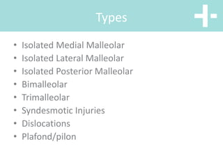 • Isolated Medial Malleolar
• Isolated Lateral Malleolar
• Isolated Posterior Malleolar
• Bimalleolar
• Trimalleolar
• Syn...