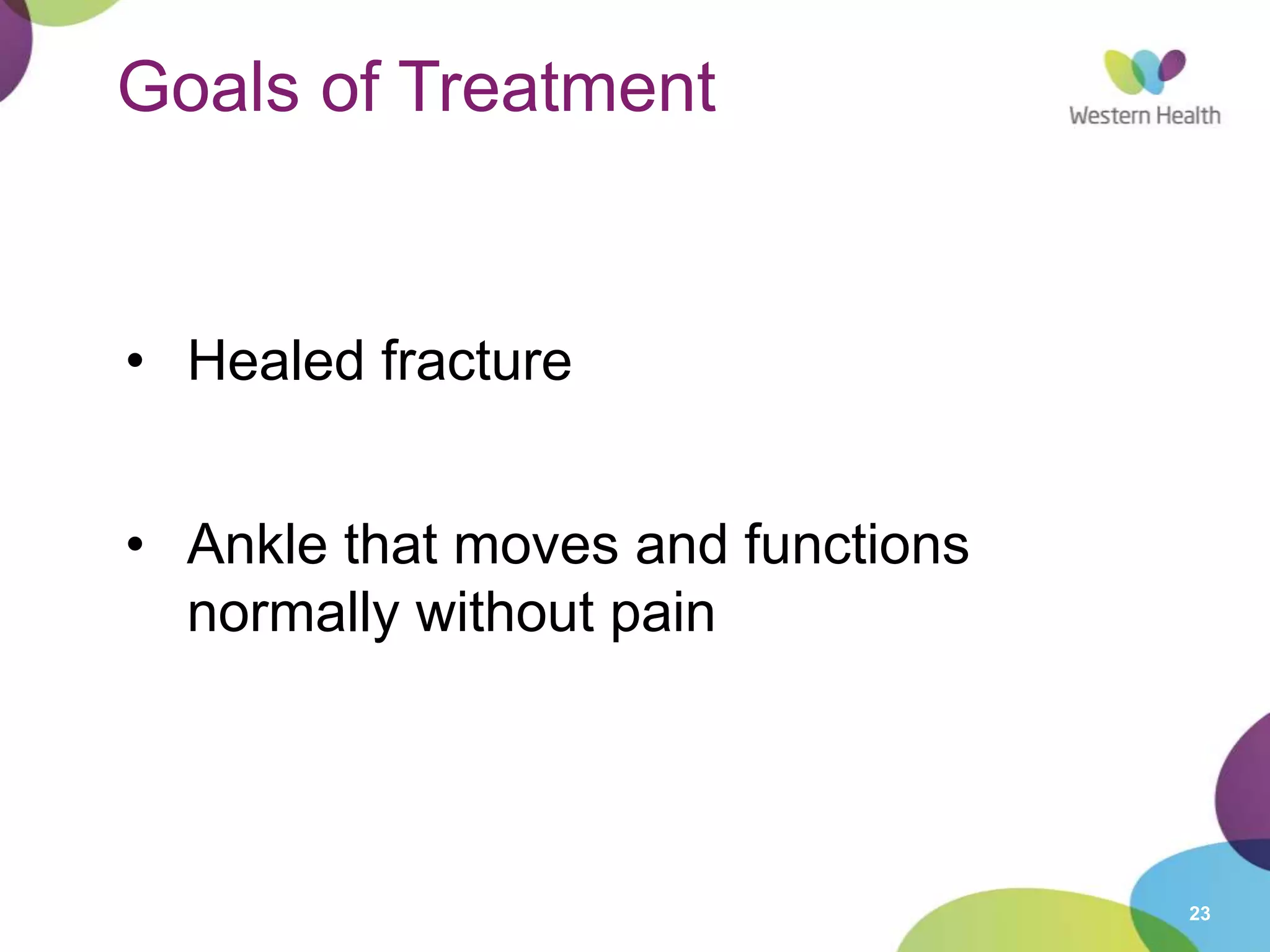 23
Goals of Treatment
• Healed fracture
• Ankle that moves and functions
normally without pain
 