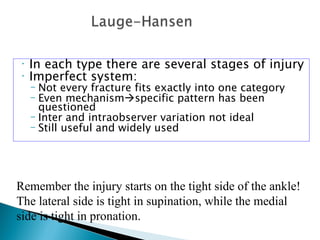 •   In each type there are several stages of injury
•   Imperfect system:
    – Not every fracture fits exactly into one category
    – Even mechanismspecific pattern has been
      questioned
    – Inter and intraobserver variation not ideal
    – Still useful and widely used




Remember the injury starts on the tight side of the ankle!
The lateral side is tight in supination, while the medial
side is tight in pronation.
 