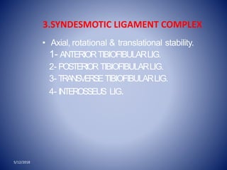 • Axial, rotational & translational stability.
1- ANTERIORTIBIOFIBULARLIG.
2- POSTERIOR TIBIOFIBULARLIG.
3- TRANSVERSETIBIOFIBULARLIG.
4- INTEROSSEUS LIG.
3.SYNDESMOTIC LIGAMENT COMPLEX
5/12/2018
 