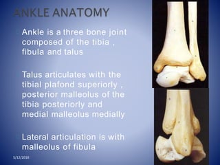 Ankle is a three bone joint
composed of the tibia ,
fibula and talus
Talus articulates with the
tibial plafond superiorly ,
posterior malleolus of the
tibia posteriorly and
medial malleolus medially
Lateral articulation is with
malleolus of fibula
5/12/2018
 