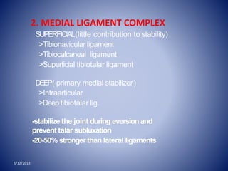 2. MEDIAL LIGAMENT COMPLEX
SUPERFICIAL(little contribution to stability)
>Tibionavicular ligament
>Tibiocalcaneal ligament
>Superficial tibiotalar ligament
DEEP( primary medial stabilizer)
>Intraarticular
>Deep tibiotalar lig.
-stabilize the joint during eversion and
prevent talar subluxation
-20-50% stronger than lateral ligaments
5/12/2018
 