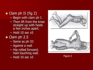 Clam ph II (fig 2)Begin with clam ph I.Then lift from the knee straight up with heels a few inches apart.Hold 10 sec x5Clam ph 2.5Same as ph IIIAgainst a wallHip rolled forward, heel touching wall.Hold 10 sec x5Figure 2