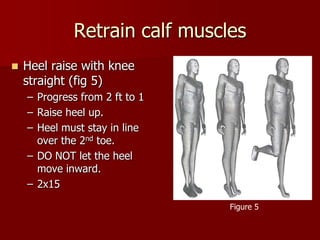 Retrain calf musclesHeel raise with knee straight (fig 5)Progress from 2 ft to 1Raise heel up.Heel must stay in line over the 2nd toe.DO NOT let the heel move inward.2x15Figure 5