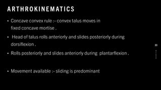 A R THR O KINE M AT ICS
• Concave convex rule :- convex talus moves in
fixed concave mortise .
• Head of talus rolls anteriorly and slides posteriorly during
dorsiflexion .
• Rolls posteriorly and slides anteriorly during plantarflexion .
• Movement available :- sliding is predominant
8
/
1
/
2
0
2
4
33
 