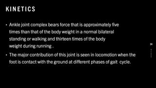 KIN ET ICS
• Ankle joint complex bears force that is approximately five
times than that of the body weight in a normal bilateral
standing or walking and thirteen times of the body
weight during running .
• The major contribution of this joint is seen in locomotion when the
foot is contact with the ground at different phases of gait cycle.
8
/
1
/
2
0
2
4
34
 